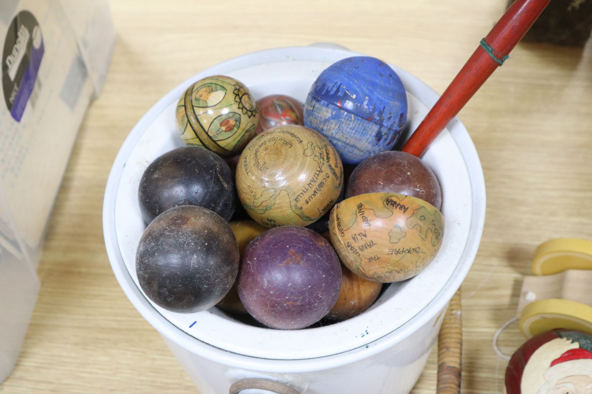 A group of mixed collectables to include three painted wood skittles